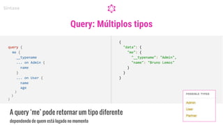 query {
me {
__typename
... on Admin {
name
}
... on User {
name
age
}
}
}
Query: Múltiplos tipos
Sintaxe
{
"data": {
"me": {
"__typename": "Admin",
"name": "Bruno Lemos"
}
}
}
A query ‘me’ pode retornar um tipo diferente
dependendo de quem está logado no momento
 