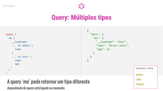 query {
me {
__typename
... on Admin {
name
}
... on User {
name
age
}
}
}
Query: Múltiplos tipos
Sintaxe
{
"data": {
"me": {
"__typename": "User",
"name": "Bruno Lemos",
"age": 23
}
}
}
A query ‘me’ pode retornar um tipo diferente
dependendo de quem está logado no momento
 