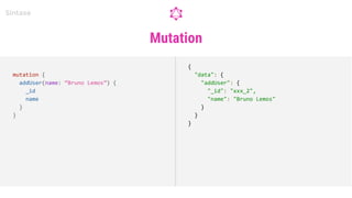 Mutation
Sintaxe
mutation {
addUser(name: “Bruno Lemos”) {
_id
name
}
}
{
"data": {
"addUser": {
"_id": "xxx_2",
"name": "Bruno Lemos"
}
}
}
 
