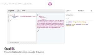 GraphiQL
Documentação automática, execução de queries
http://localhost:3000/graphql
 