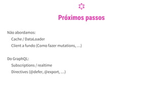 Não abordamos:
Cache / DataLoader
Client a fundo (Como fazer mutations, …)
Do GraphQL:
Subscriptions / realtime
Directives (@defer, @export, …)
Próximos passos
 