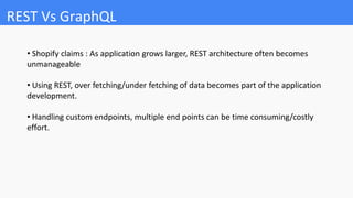 REST Vs GraphQL
• Shopify claims : As application grows larger, REST architecture often becomes
unmanageable
• Using REST, over fetching/under fetching of data becomes part of the application
development.
• Handling custom endpoints, multiple end points can be time consuming/costly
effort.
 