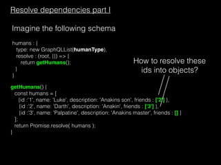 Resolve dependencies part I
Imagine the following schema
humans : {
type: new GraphQLList(humanType),
resolve : (root, {}) => {
return getHumans();
}
}
getHumans() {
const humans = [
{id :'1', name: 'Luke', description: 'Anakins son', friends : ['2'] },
{id :'2', name: 'Darth', description: 'Anakin', friends : ['3'] },
{id :'3', name: 'Palpatine', description: 'Anakins master', friends : [] }
];
return Promise.resolve( humans );
}
How to resolve these
ids into objects?
 