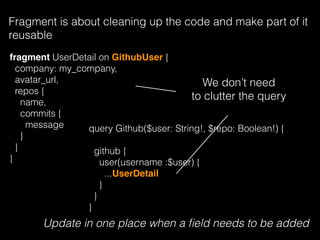 Fragment is about cleaning up the code and make part of it
reusable
fragment UserDetail on GithubUser {
company: my_company,
avatar_url,
repos {
name,
commits {
message
}
}
}
query Github($user: String!, $repo: Boolean!) {
github {
user(username :$user) {
...UserDetail
}
}
}
We don’t need
to clutter the query
Update in one place when a ﬁeld needs to be added
 