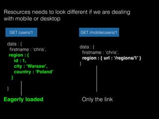 Resources needs to look different if we are dealing
with mobile or desktop
GET /users/1
data : {
ﬁrstname : ‘chris’,
}
GET /mobile/users/1
data : {
ﬁrstname : ‘chris’,
region : { url : ‘/regions/1’ }
}
Only the linkEagerly loaded
region : {
id : 1,
city : ‘Warsaw’,
country : ‘Poland’
}
 