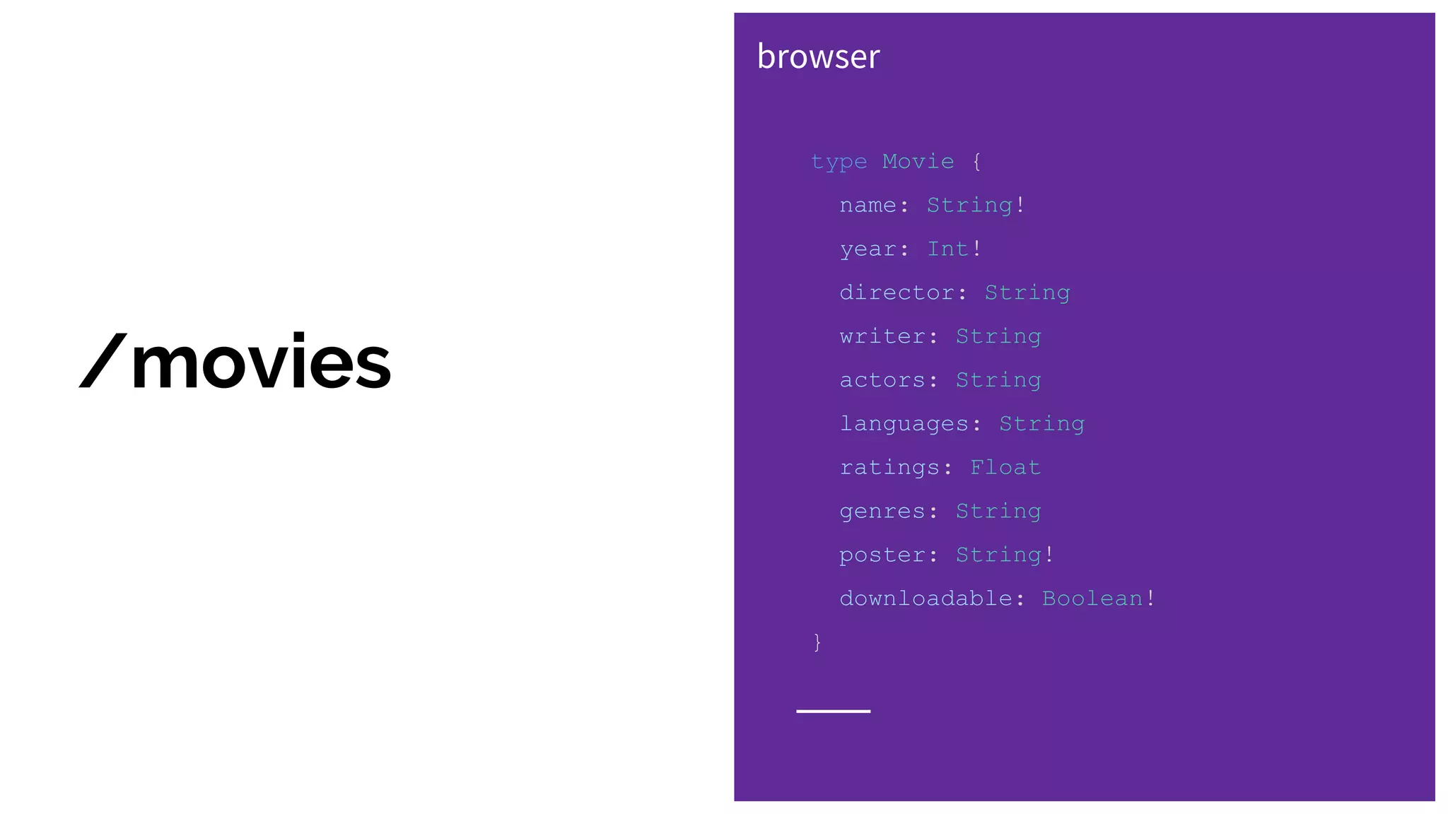 /movies
type Movie {
name: String!
year: Int!
director: String
writer: String
actors: String
languages: String
ratings: Float
genres: String
poster: String!
downloadable: Boolean!
}
browser
 