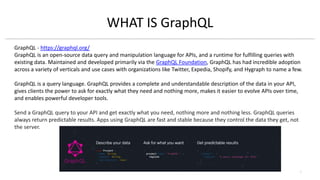 1
WHAT IS GraphQL
GraphQL - https://graphql.org/
GraphQL is an open-source data query and manipulation language for APIs, and a runtime for fulfilling queries with
existing data. Maintained and developed primarily via the GraphQL Foundation, GraphQL has had incredible adoption
across a variety of verticals and use cases with organizations like Twitter, Expedia, Shopify, and Hygraph to name a few.
GraphQL is a query language. GraphQL provides a complete and understandable description of the data in your API,
gives clients the power to ask for exactly what they need and nothing more, makes it easier to evolve APIs over time,
and enables powerful developer tools.
Send a GraphQL query to your API and get exactly what you need, nothing more and nothing less. GraphQL queries
always return predictable results. Apps using GraphQL are fast and stable because they control the data they get, not
the server.
 