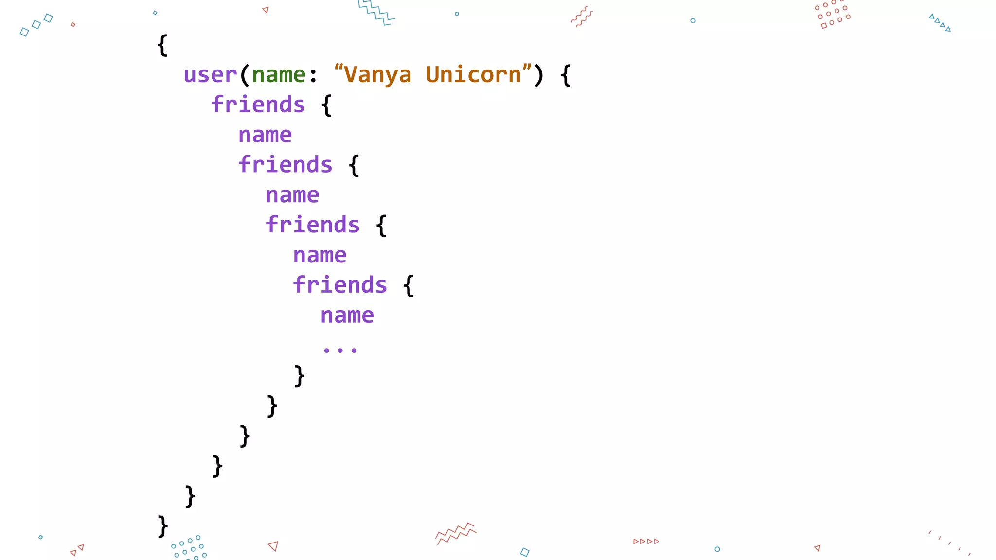 {
user(name: “Vanya Unicorn”) {
friends {
name
friends {
name
friends {
name
friends {
name
...
}
}
}
}
}
}
 