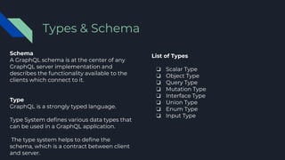 Schema
A GraphQL schema is at the center of any
GraphQL server implementation and
describes the functionality available to the
clients which connect to it.
Type
GraphQL is a strongly typed language.
Type System defines various data types that
can be used in a GraphQL application.
The type system helps to define the
schema, which is a contract between client
and server.
Types & Schema
List of Types
❏ Scalar Type
❏ Object Type
❏ Query Type
❏ Mutation Type
❏ Interface Type
❏ Union Type
❏ Enum Type
❏ Input Type
 