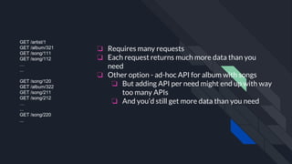 GET /artist/1
GET /album/321
GET /song/111
GET /song/112
…
...
GET /song/120
GET /album/322
GET /song/211
GET /song/212
…
...
GET /song/220
...
❏ Requires many requests
❏ Each request returns much more data than you
need
❏ Other option - ad-hoc API for album with songs
❏ But adding API per need might end up with way
too many APIs
❏ And you’d still get more data than you need
 