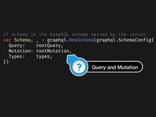 // Schema is the GraphQL schema served by the server.
var Schema, _ = graphql.NewSchema(graphql.SchemaConfig{
  Query: rootQuery,
  Mutation: rootMutation,
  Types: types,
})
Query and Mutation
 