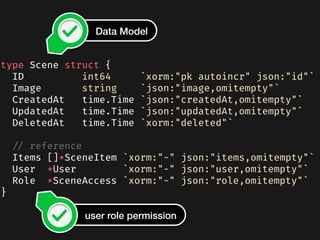 type Scene struct {
  ID int64 `xorm:"pk autoincr" json:"id"`
  Image string `json:"image,omitempty"`
  CreatedAt time.Time `json:"createdAt,omitempty"`
  UpdatedAt time.Time `json:"updatedAt,omitempty"`
  DeletedAt time.Time `xorm:"deleted"`
  // reference
  Items []*SceneItem `xorm:"-" json:"items,omitempty"`
  User *User `xorm:"-" json:"user,omitempty"`
  Role *SceneAccess `xorm:"-" json:"role,omitempty"`
}
Data Model
user role permission
 