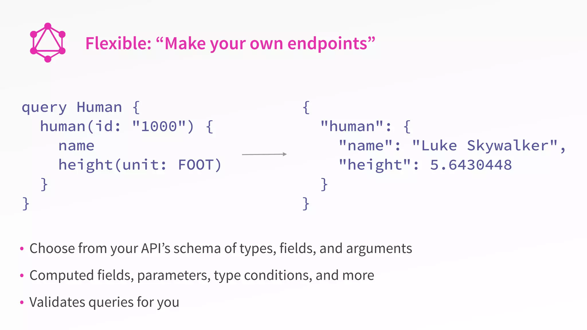 Flexible: “Make your own endpoints”
query Human {
human(id: "1000") {
name
height(unit: FOOT)
}
}
{
"human": {
"name": "Luke Skywalker",
"height": 5.6430448
}
}
• Choose from your API’s schema of types, fields, and arguments
• Computed fields, parameters, type conditions, and more
• Validates queries for you
 