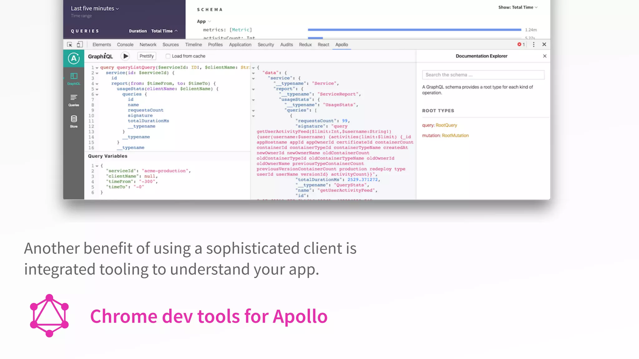 Chrome dev tools for Apollo
Another benefit of using a sophisticated client is
integrated tooling to understand your app.
 