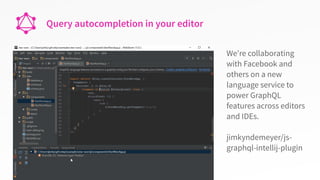 Query autocompletion in your editor
We’re collaborating
with Facebook and
others on a new
language service to
power GraphQL
features across editors
and IDEs.
jimkyndemeyer/js-
graphql-intellij-plugin
 
