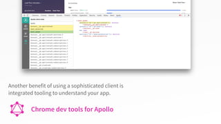 Chrome dev tools for Apollo
Another benefit of using a sophisticated client is
integrated tooling to understand your app.
 