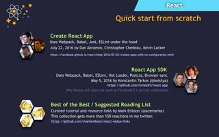 React
Quick start from scratch
July 22, 2016 by Dan Abramov, Christopher Chedeau, Kevin Lacker
Create React App
https://facebook.github.io/react/blog/2016/07/22/create-apps-with-no-configuration.html
May 5, 2016 by Konstantin Tarkus (@koistya)
React App SDK
Uses Webpack, Babel, Jest, ESLint under the hood
https://github.com/kriasoft/react-app
Uses Webpack, Babel, ESLint, Hot Loader, Postcss, Browser-sync
Why Kostya still does not work at Facebook?! I can not understand.
Best of the Best / Suggested Reading List
https://github.com/markerikson/react-redux-links
Curated tutorial and resource links by Mark Erikson (@acemarke)
This collection gets more than 150 reactions in my twitter.
 