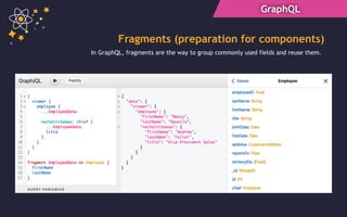 GraphQL
Fragments (preparation for components)
In GraphQL, fragments are the way to group commonly used fields and reuse them.
 