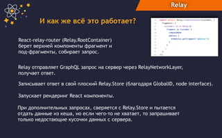 Relay
И как же всё это работает?
React-relay-router (Relay.RootContainer)
берет верхней компоненты фрагмент и  
под-фрагменты, собирает запрос.
Relay отправляет GraphQL запрос на сервер через RelayNetworkLayer,
получает ответ.
Записывает ответ в свой плоский Relay.Store (благодаря GlobalID, node interface).
Запускает рендеринг React компоненты.
При дополнительных запросах, сверяется с Relay.Store и пытается
отдать данные из кеша, но если чего-то не хватает, то запрашивает
только недостающие кусочки данных с сервера.
 