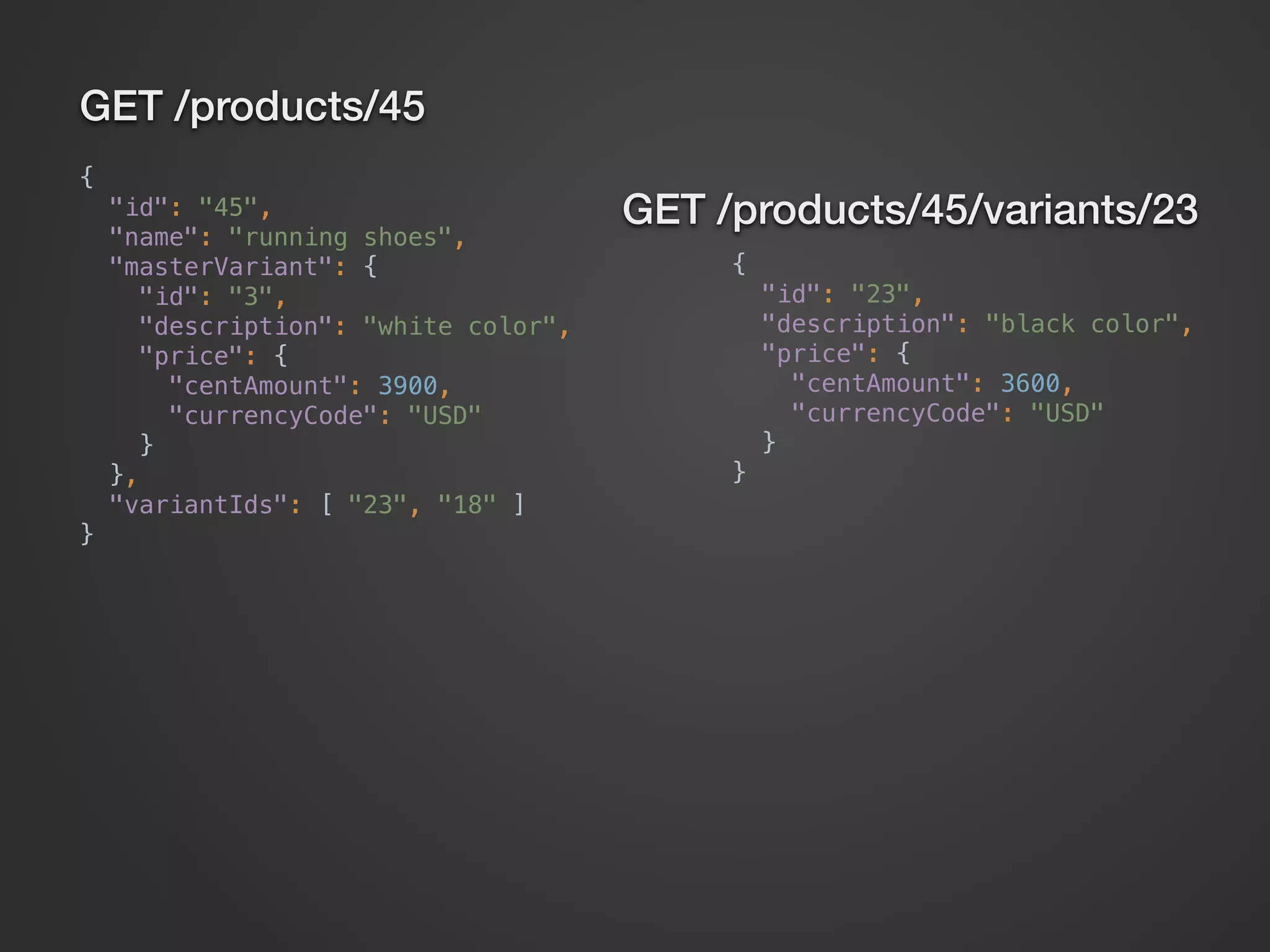 GET /products/45 {  "id": "45",  "name": "running shoes",  "masterVariant": {  "id": "3",  "description": "white color",  "price": {  "centAmount": 3900,  "currencyCode": "USD"  }  },  "variantIds": [ "23", "18" ]  } GET /products/45/variants/23 {  "id": "23",  "description": "black color",  "price": {  "centAmount": 3600,  "currencyCode": "USD"  }  } 