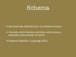 Schema
•Recursos são deﬁnidos por um sistema de tipos
•Contrato entre cliente e servidor sobre como a
aplicação pode acessar os dados.
•Schema Deﬁnition Language (SDL)
 