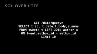 S Q L O V E R H T T P
GET /data?query= 
SELECT t.id, t.date,t.body,a.name 
FROM tweets t LEFT JOIN author a  
ON tweet.author_id = author.id 
LIMIT 10
 