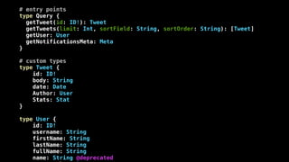 # entry points
type Query {
getTweet(id: ID!): Tweet
getTweets(limit: Int, sortField: String, sortOrder: String): [Tweet]
getUser: User
getNotificationsMeta: Meta
}
# custom types
type Tweet {
id: ID!
body: String
date: Date
Author: User
Stats: Stat
}
type User {
id: ID!
username: String
firstName: String
lastName: String
fullName: String
name: String @deprecated
 