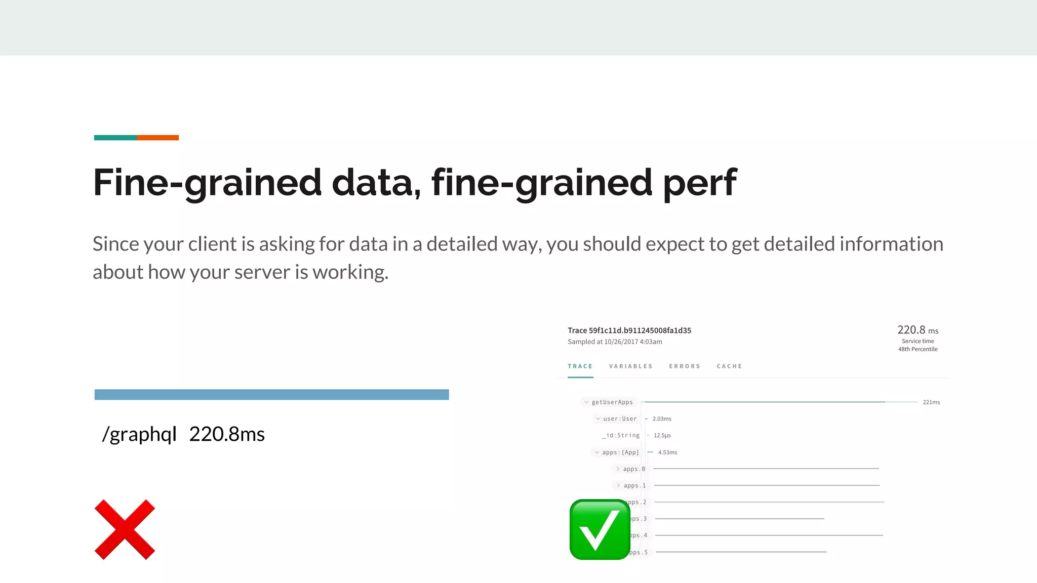 Fine-grained data, fine-grained perf
Since your client is asking for data in a detailed way, you should expect to get detailed information
about how your server is working.
/graphql 220.8ms
 