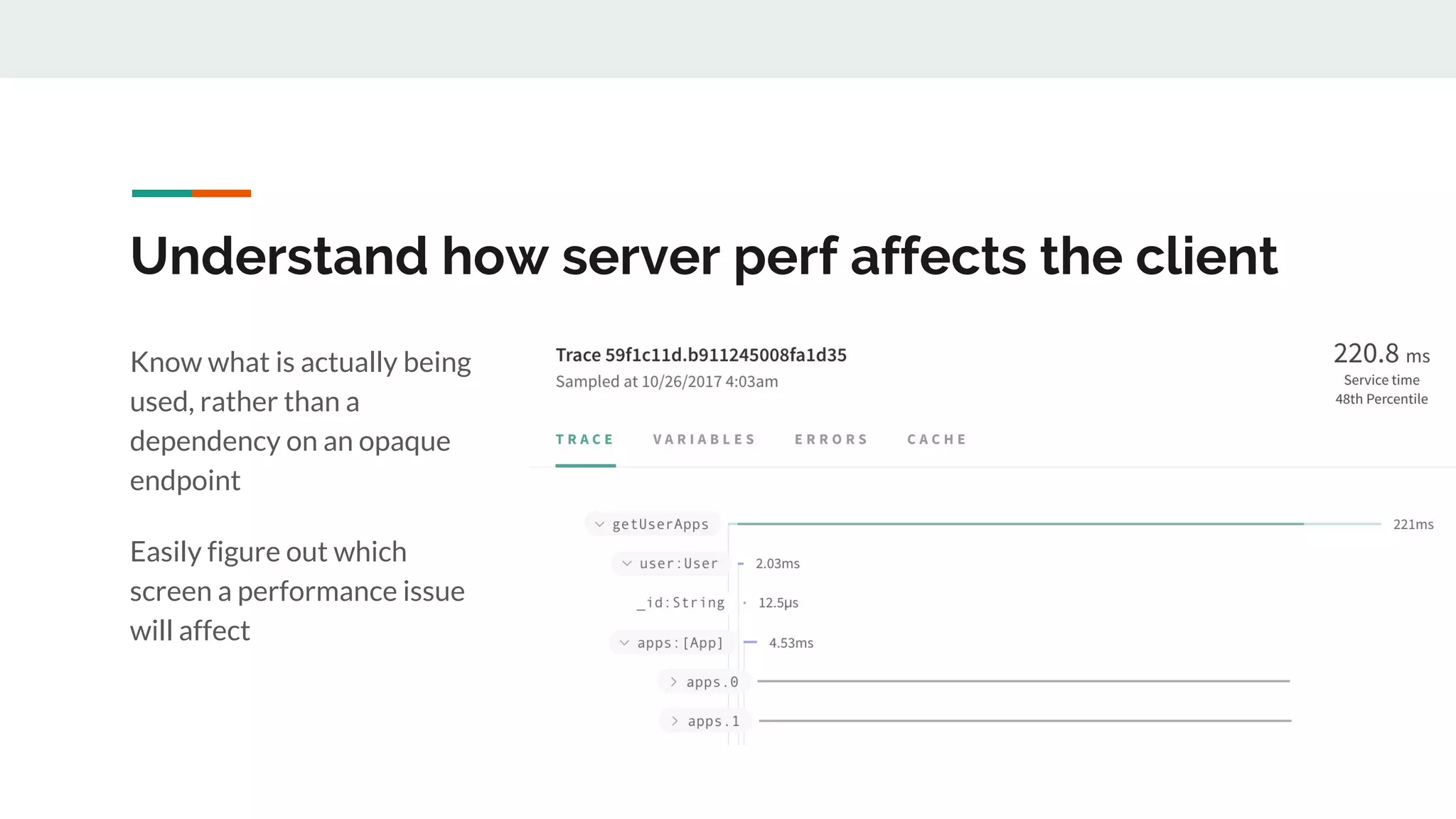 Understand how server perf affects the client
Know what is actually being
used, rather than a
dependency on an opaque
endpoint
Easily figure out which
screen a performance issue
will affect
 