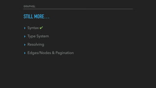 GRAPHQL
STILL MORE…
▸ Syntax ✔
▸ Type System
▸ Resolving
▸ Edges/Nodes & Pagination
 