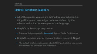GRAPHQL
GRAPHQL MISUNDERSTANDINGS
▸ All of the queries you see are deﬁned by your schema. I.e.
things like viewer, user, edge, node are deﬁned by the
schema and not an inherent part of the language.
▸ GraphQL is Javascript only. Nope!
▸ There are 3rd party ports for ReasonML, Python, Scala, Go, Ruby, etc.
▸ GraphQL requires special communications protocol. Nope!
▸ The default implementation uses a basic REST post call, but you can use
web sockets, etc. and even mix and match.
 