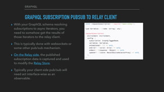 GRAPHQL
GRAPHQL SUBSCRIPTION PUBSUB TO RELAY CLIENT
▸ With your GraphQL schema resolving
subscriptions to async iterators, you
need to somehow get the results of
those iterators to the relay client.
▸ This is typically done with websockets or
some other pub/sub mechanism.
▸ On the Relay side, the published
subscription data is captured and used
to modify the Relay Store.
▸ Typically your client side pub/sub will
need act interface-wise as an
observable.
 