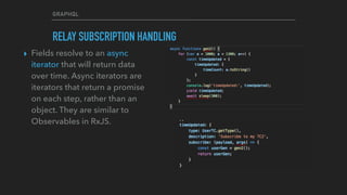GRAPHQL
RELAY SUBSCRIPTION HANDLING
▸ Fields resolve to an async
iterator that will return data
over time. Async iterators are
iterators that return a promise
on each step, rather than an
object. They are similar to
Observables in RxJS.
 
