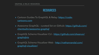 GRAPHQL & RELAY: RESOURCES
RESOURCES
▸ Cartoon Guides To GraphQL & Relay: https://code-
cartoons.com
▸ Awesome GraphQL - curated list on Github: https://github.com/
chentsulin/awesome-graphql
▸ GraphQL Schema Visualizer CLI - https://github.com/sheerun/
graphqlviz
▸ GraphQL Schema Visualizer Web - http://nathanrandal.com/
graphql-visualizer/
 