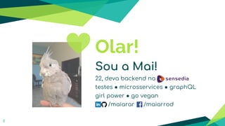 Olar!
Sou a Mai!
22, deva backend na
testes ● microsservices ● graphQL
girl power ● go vegan
/maiarar /maiarrod
2
 