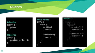 Queries
22
#simples
query {
posts
}
#filtros
query {
posts(userId: 3)
}
#mais níveis
query {
posts {
curtidas{
numero
}
comentarios{
numero
}
}
}
#resposta
{
"data": {
"posts": {
"curtidas": {
"numero": 5
},
"comentarios": {
"numero": 3
}
}
}
}
 
