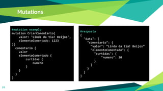 Mutations
26
#mutation exemplo
mutation CriarComentario(
valor: "Linda da tia! Beijos",
elementoComentado: 1223
){
comentario {
valor
elementoComentado {
curtidas {
numero
}
}
}
}
#resposta
{
"data": {
"comentario": {
“valor": “Linda da tia! Beijos”
"elementoComentado": {
"curtidas": {
"numero": 30
}
}
}
}
}
 
