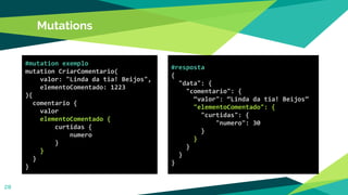 Mutations
28
#mutation exemplo
mutation CriarComentario(
valor: "Linda da tia! Beijos",
elementoComentado: 1223
){
comentario {
valor
elementoComentado {
curtidas {
numero
}
}
}
}
#resposta
{
"data": {
"comentario": {
“valor": “Linda da tia! Beijos”
"elementoComentado": {
"curtidas": {
"numero": 30
}
}
}
}
}
 