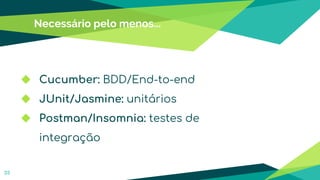 Necessário pelo menos...
35
◆ Cucumber: BDD/End-to-end
◆ JUnit/Jasmine: unitários
◆ Postman/Insomnia: testes de
integração
 