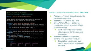41
cenario-teste-matematico.feature#Esse é um cenário de exemplo.
@Tag_cenario_exemplo @Tag_outro_exemplo
Feature: Cenário de Teste Matemático
Esse cenário de teste tem como objetivo realizar as
validações de uma soma e de multiplicações.
Scenario: Realização de uma soma simples
Given que eu tenho uma variável com o valor numérico 1
When eu incremento o valor desta variável com mais 1
Then o valor da variável passa a ser 2
Scenario Outline: Realização de uma expressão simples
Given que eu tenho uma variável com o valor numérico
<numeroA>
When eu multiplico o valor desta variável com pelo
valor numérico <numeroB>
And adiciono o número <numeroC>
Then o valor da variável multiplicada passa a ser
<resultado>
Examples:
| numeroA | numeroB | numeroC | resultado |
| 1 | 2 | 2 | 4 |
| 3 | 4 | 5 | 17 |
◆ Feature → “nome” daquele conjunto
de cenários de teste
◆ Scenario → Cenário de Teste
◆ Given, When, Then → palavras
reservadas para instruções (dado,
quando, então)
◆ And → quando existirá mais
algum passo dentro daquela
instrução
◆ Scenario Outline → quando o
cenário terá algumas variáveis
◆ Examples → exemplos que
serão substituídos no cenário
de teste
 