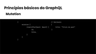 Princípios básicos do GraphQL
{
mutation {
inserirPost(post: $post) {
id,
title,
}
}
}
// Variáveis
{
title: "Titulo do post"
}
Mutation
 