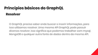 O GraphQL precisa saber onde buscar e inserir informações, para
isso utilizamos resolver. Uma mesma API GraphQL pode possuir
diversos resolver, isso significa que podemos trabalhar com mysql,
MongoDB e qualquer outra fonte de dados dentro da mesma API.
Princípios básicos do GraphQL
Resolver
 