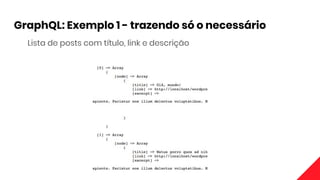 GraphQL: Exemplo 1 - trazendo só o necessário
Lista de posts com título, link e descrição
 