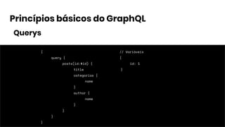 Princípios básicos do GraphQL
{
query {
posts(id:$id) {
title
categorias {
name
}
author {
name
}
}
}
}
// Variáveis
{
id: 1
}
Querys
 