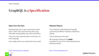 Open from the start
Facebook took care in open-sourcing the whole
spec in 2015, of this new tech they were using
internally, including Relay, they client side library.
There are many implementations of the spec, for
every language.
If you really want to, you would build one yourself.
INTRO TO GRAPHQL
GraphQL is a Specification
https://facebook.github.io/graphql
Relevant Players
The companies really fueling the GraphQL
community are Meteor, Facebook, GraphCool,
Gatsby.
Case studies grow every day!
We’re going to reference the apollo
ecosystem as one of the most widespread and
well documented.
https://www.apollographql.com/
 