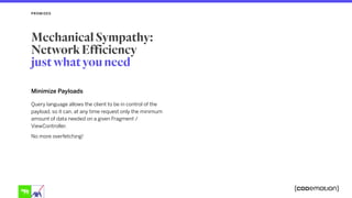 Minimize Payloads
Query language allows the client to be in control of the
payload, so it can, at any time request only the minimum
amount of data needed on a given Fragment /
ViewController.
No more overfetching!
PROMISES
Mechanical Sympathy: 
Network Efficiency  
just what you need
 