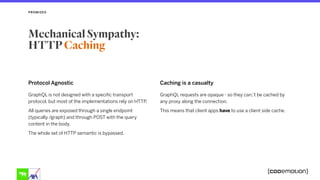 Protocol Agnostic
GraphQL is not designed with a specific transport
protocol, but most of the implementations rely on HTTP.
All queries are exposed through a single endpoint
(typically /graph) and through POST with the query
content in the body.
The whole set of HTTP semantic is bypassed.
Caching is a casualty
GraphQL requests are opaque - so they can;’t be cached by
any proxy along the connection.
This means that client apps have to use a client side cache.
PROMISES
Mechanical Sympathy:  
HTTP Caching
 