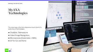 The native app is the User eXperience touch-point of a
wide array of technologies:
MyAXA
Technologies
GRAPHQL FOR NATIVE APPS
➡ ChatBots, Telemedicine
➡ Video/Image Recognition
➡ Microservices (Kubernetes + AWS)
➡ IoT for Car and Home
 