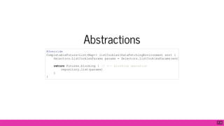 Abstractions
@Override
CompletableFuture<List<Map>> listCookies(DataFetchingEnvironment env) {
Selectors.ListCookiesParams params = Selectors.listCookiesParams(env)
return Futures.blocking { // <-- blocking operation
repository.list(params)
}
}
7 . 5
 