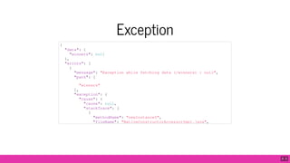 Exception
{
"data": {
"winners": null
},
"errors": [
{
"message": "Exception while fetching data (/winners) : null",
"path": [
"winners"
],
"exception": {
"cause": {
"cause": null,
"stackTrace": [
{
"methodName": "newInstance0",
"fileName": "NativeConstructorAccessorImpl.java",
8 . 5
 
